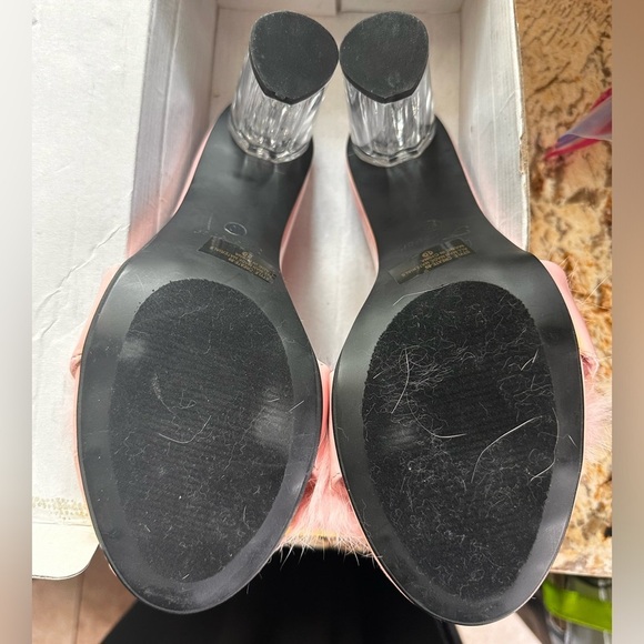 Forever Pink Rabbit Fur and Lucite Heeled "Boudoir" Slides - Picture 7 of 8